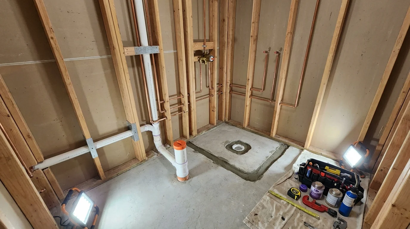 Bathroom rough-in plumbing during remodel by Johns Plumbing LLC in Island Park