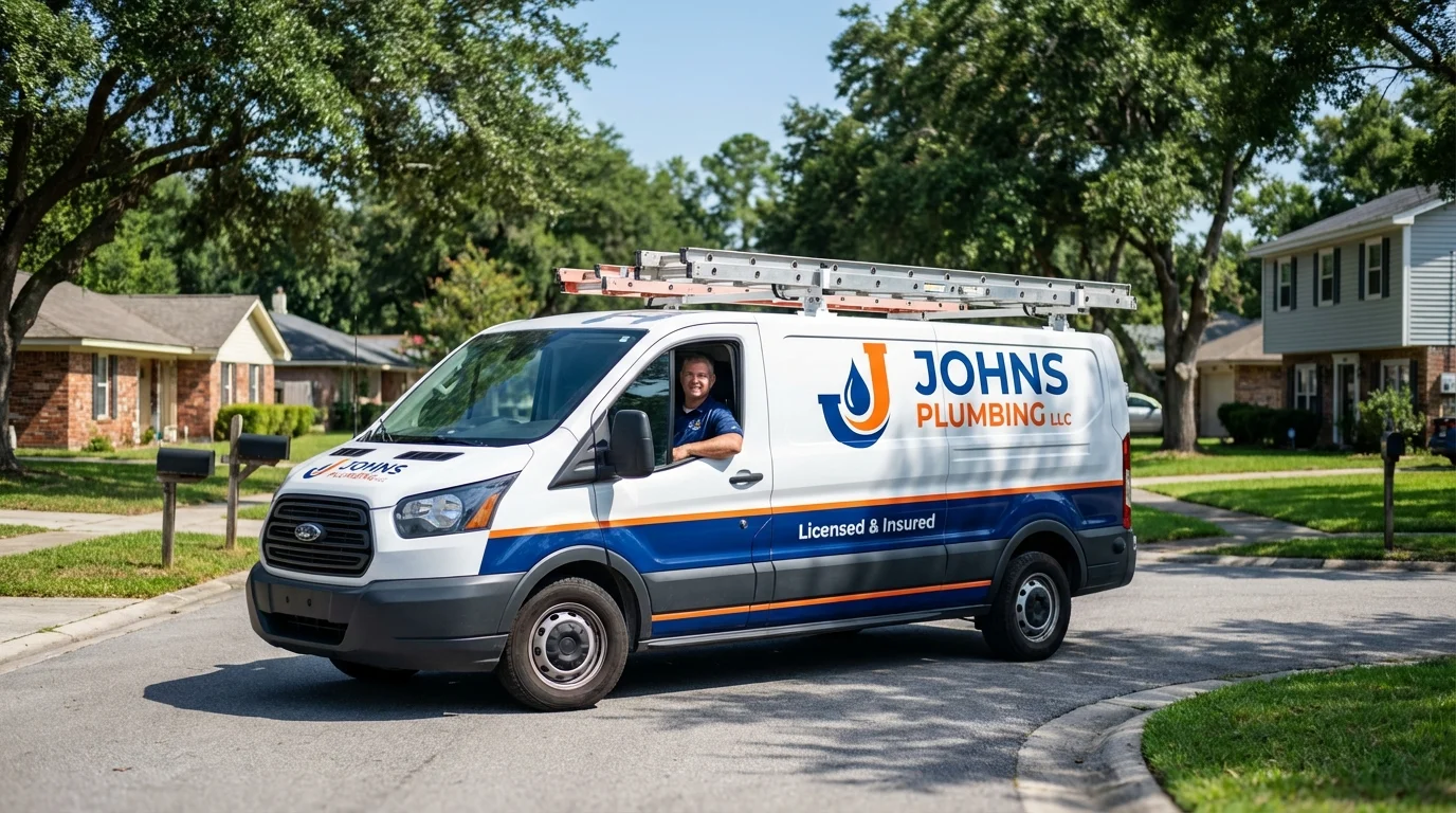 Johns Plumbing LLC service van in Island Park, NY