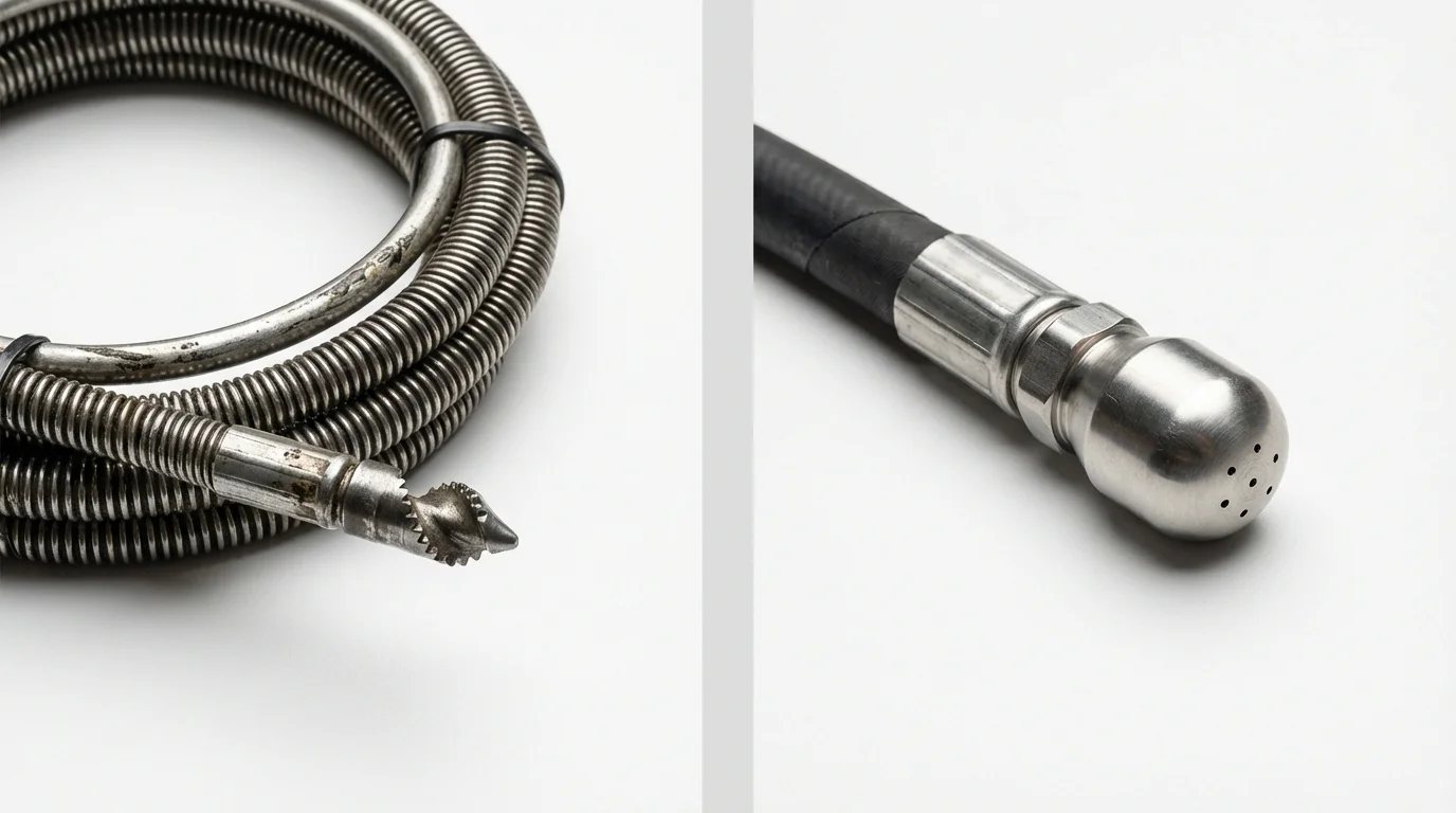 Drain snake cable and hydro jetting nozzle used for drain cleaning in Island Park, NY
