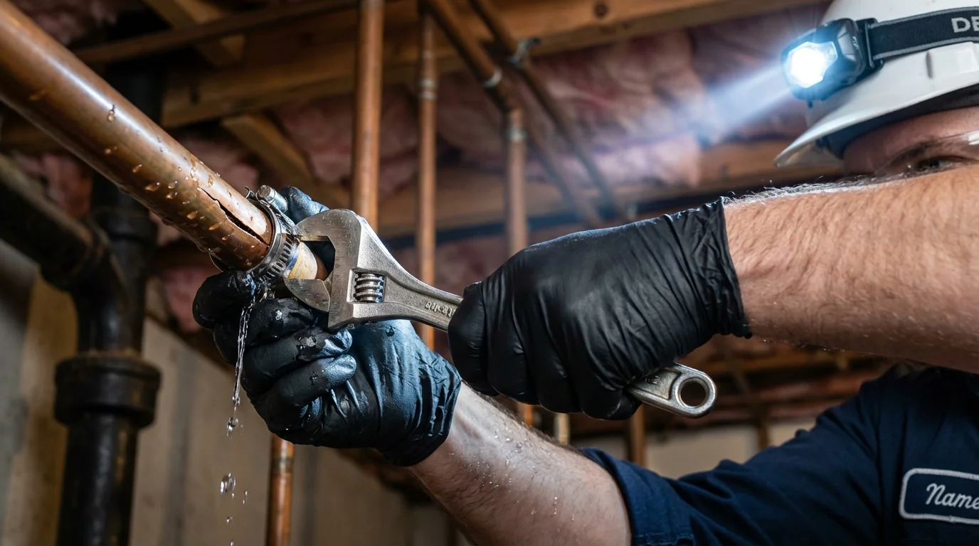 Emergency pipe clamp repair being performed by a Johns Plumbing LLC plumber in Island Park