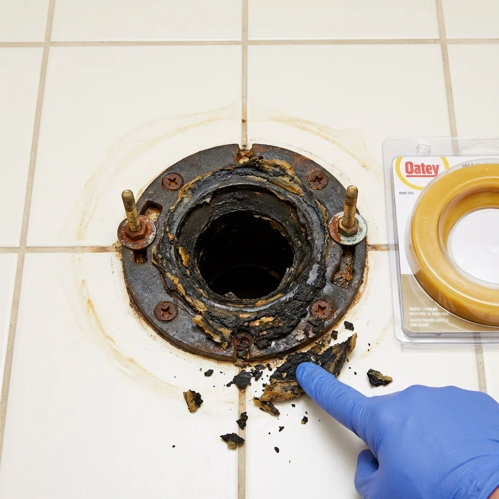 Failed wax ring showing water seepage at the base of a toilet in a Island Park, NY home