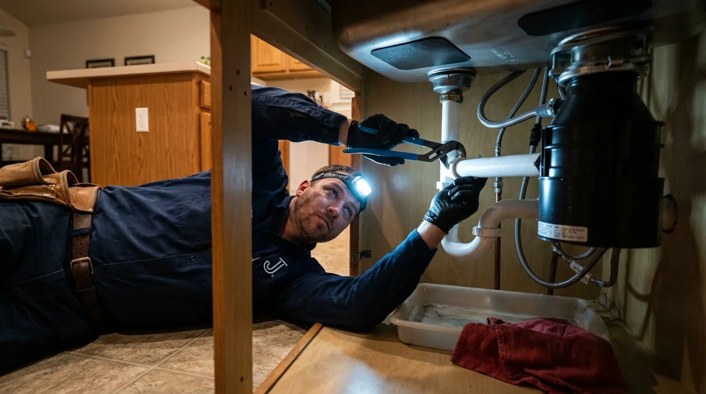 P-trap and supply line connections under a kitchen sink showing a common leak point in Island Park, NY